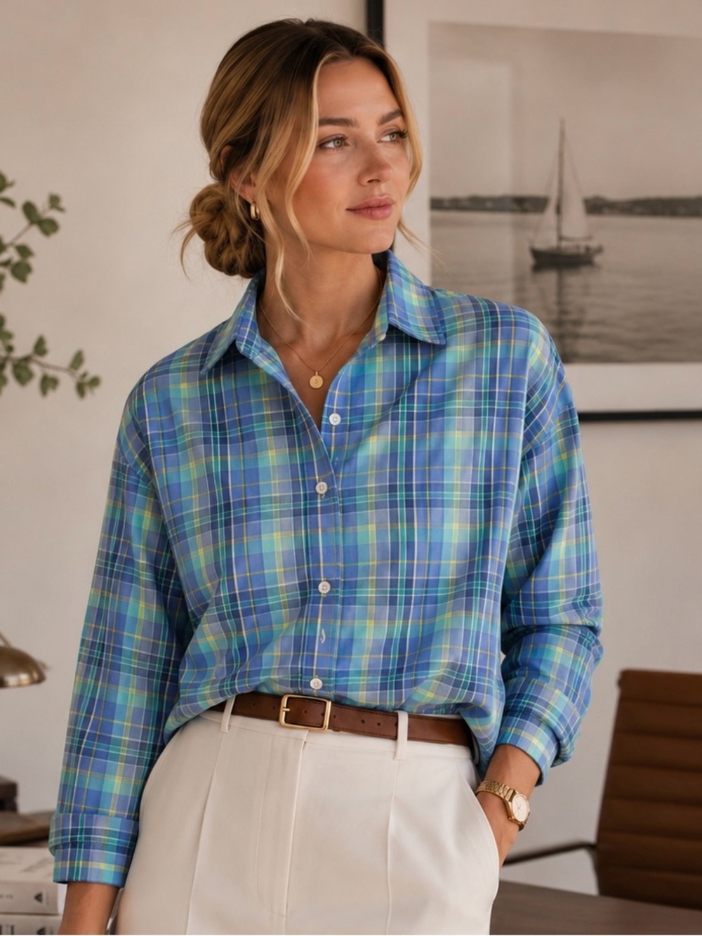 Peter Millar Blue and Green Plaid Shirt